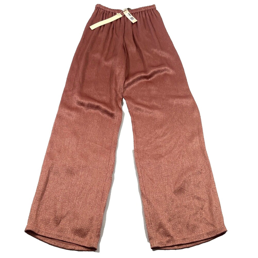 LaPointe Rose Pants Textured Satin Flare Wide Leg Boho Pull On Pleated Sz S NWT